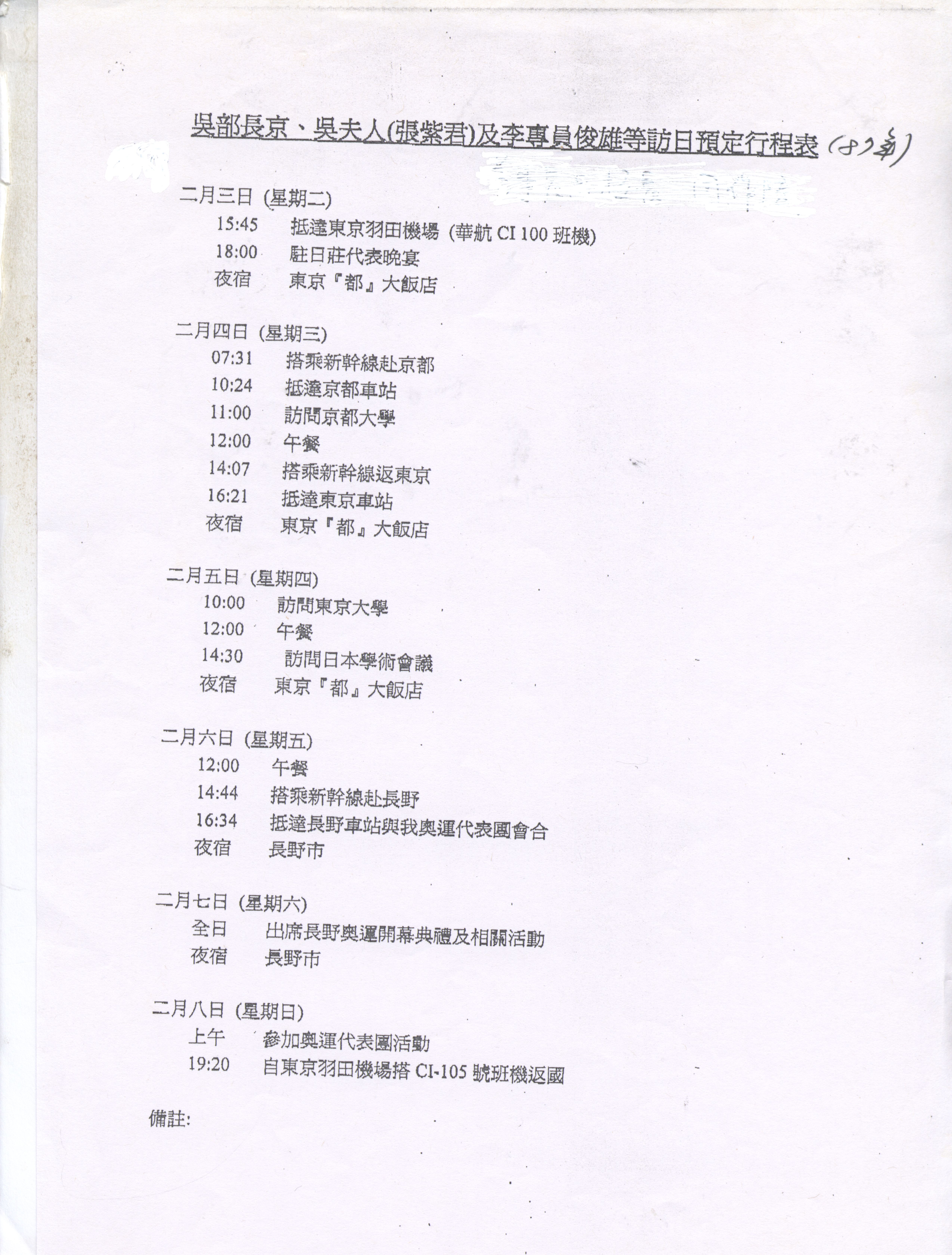 1998年2月3-8日董事長張鏡湖與教育部長吳京、部長夫人張紫君等人赴日出席長野奧運開幕典禮的圖檔，第7張，共7張