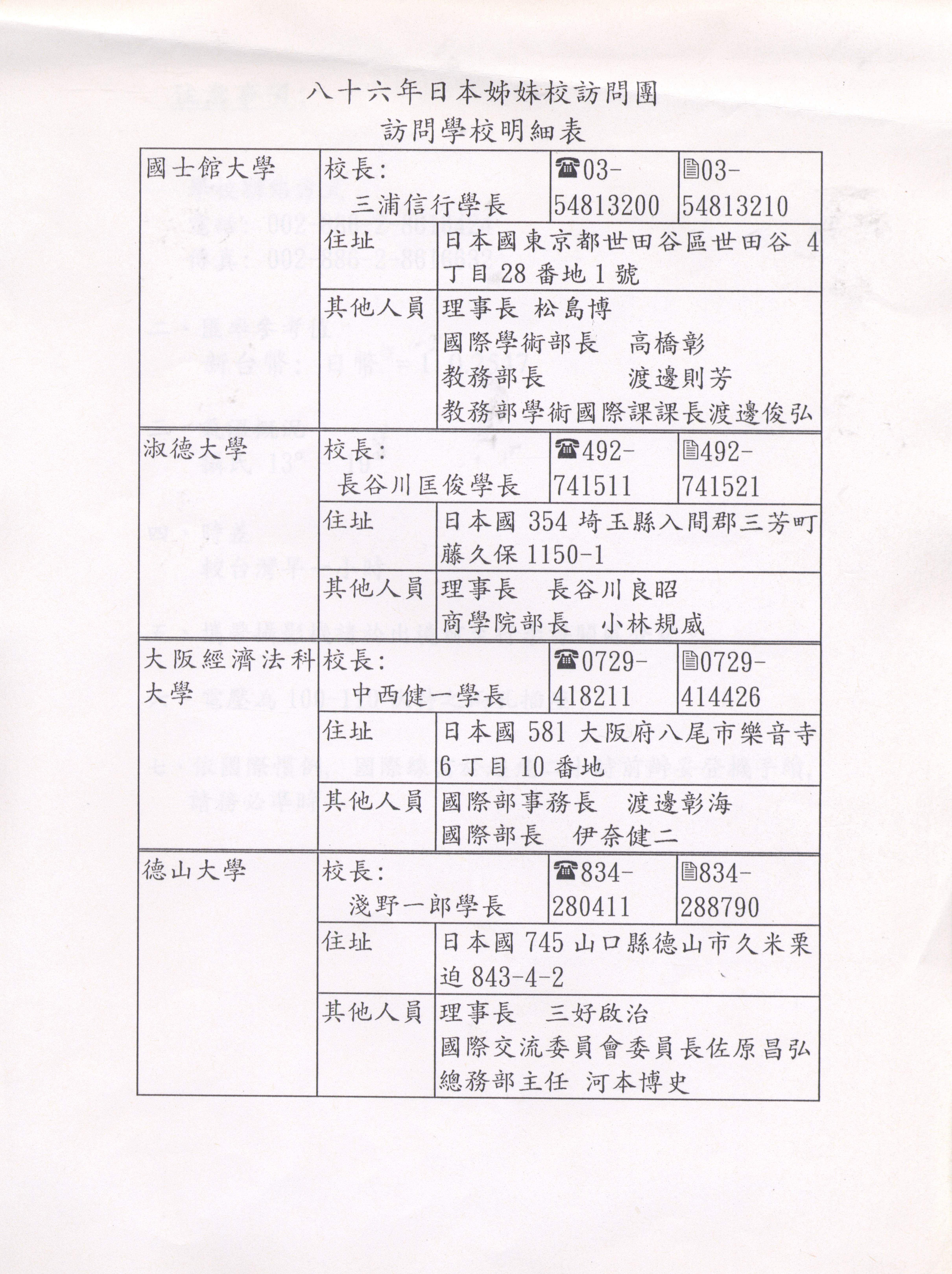 1997年11月2日至11月8日中國文化大學八十六年秋季日本姐妹校訪問行程規劃表的圖檔，第8張，共9張