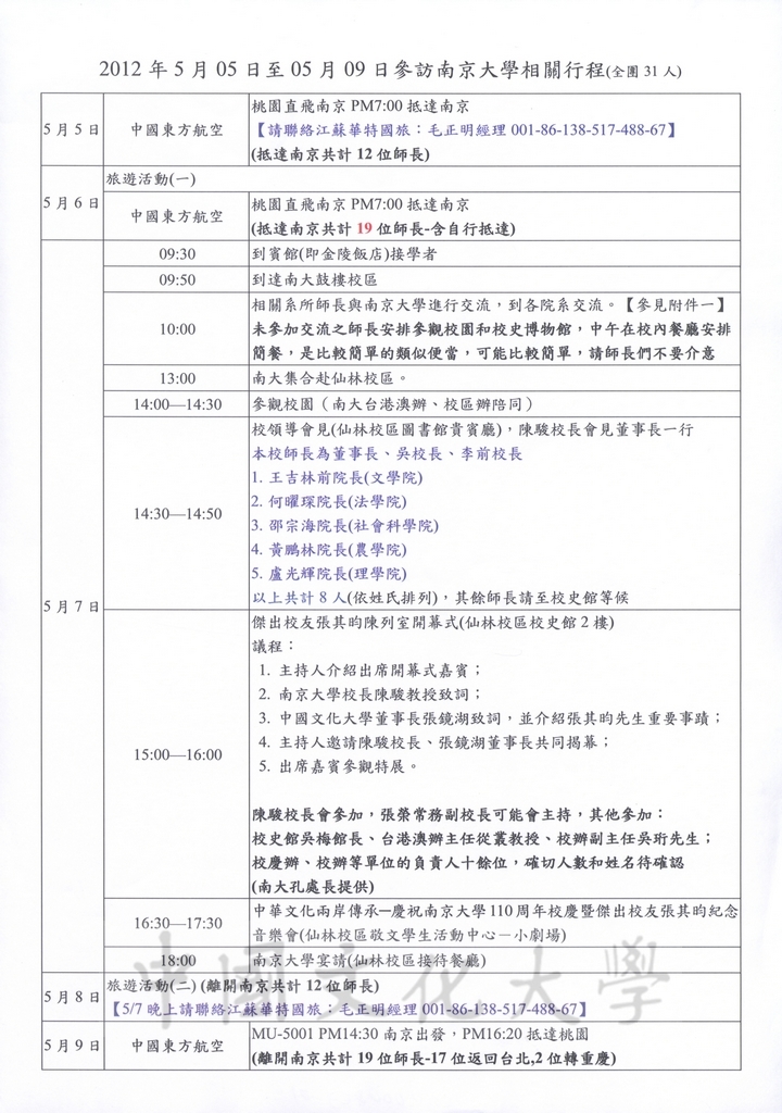 2012年5月5日至9日董事長張鏡湖率同師長赴大陸南京大學參加「張其昀傑出校友特展」之相關行程及貴賓禮品規劃表的圖檔，第1張，共29張