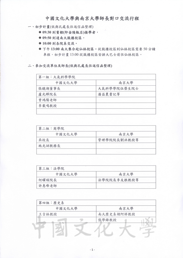 2012年5月5日至9日董事長張鏡湖率同師長赴大陸南京大學參加「張其昀傑出校友特展」之相關行程及貴賓禮品規劃表的圖檔，第2張，共29張