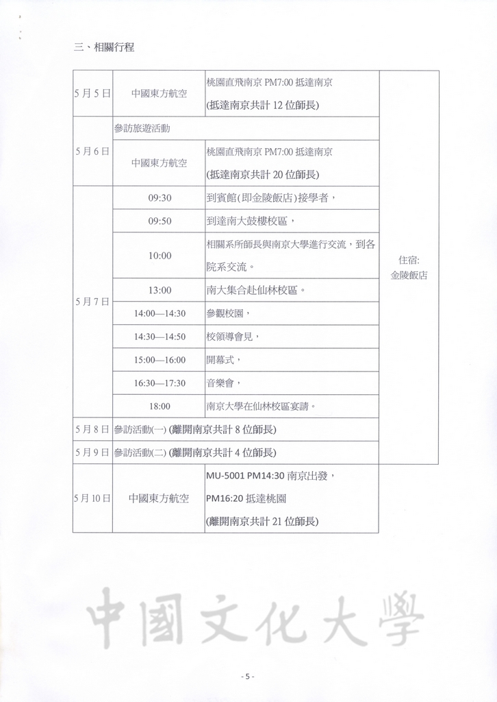 2012年5月5日至9日董事長張鏡湖率同師長赴大陸南京大學參加「張其昀傑出校友特展」之相關行程及貴賓禮品規劃表的圖檔，第17張，共29張