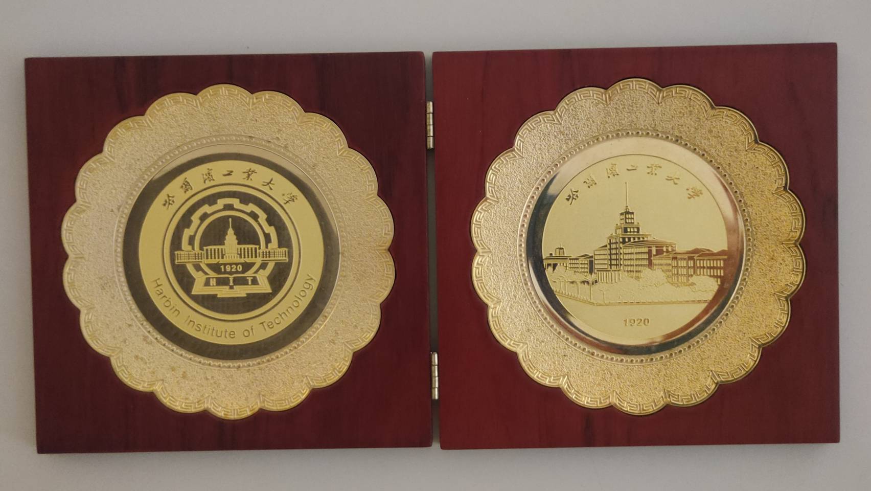 2009年2月15日哈爾濱工業大學(Harbin Institute of Technology)致贈校徽、校景鍍金紀念盤的圖檔，第1張，共4張