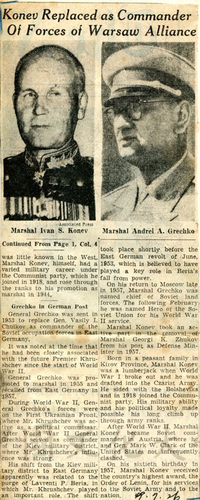 Konev Replaced as Commander Of Forces of Warsaw Alliance的圖檔，第1張，共1張