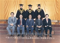 1987年11月董事長張鏡湖與地學研究所博士班教授、畢業生合影留念的圖片